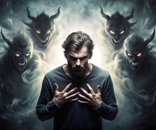 A-young-man-stands-in-the-center-of-the-image-surrounded-by-shadowy-demonic-figures-with-glowing-ey-_-Premium-AI-generated-image